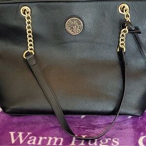 Black Leather Look Tote Bag with Gold Accents Anne Klein +Purse Charm